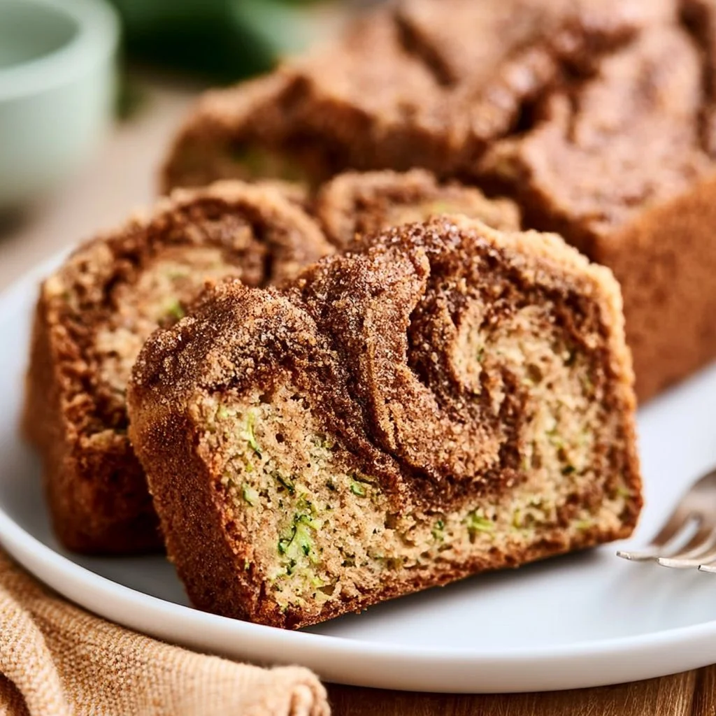 Sliced moist cinnamon swirl zucchini bread on a wooden cutting board.
