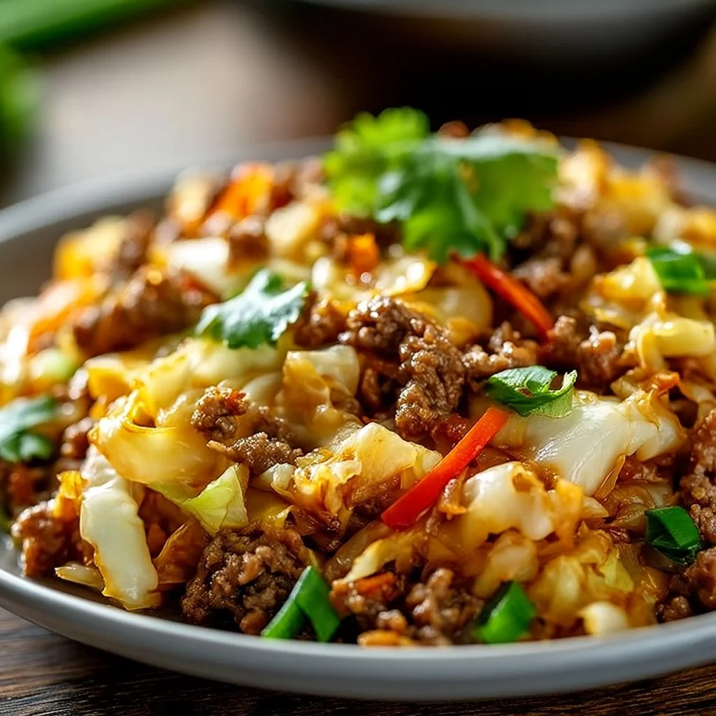Mongolian Cabbage dish with Ground Beef served in a bowl