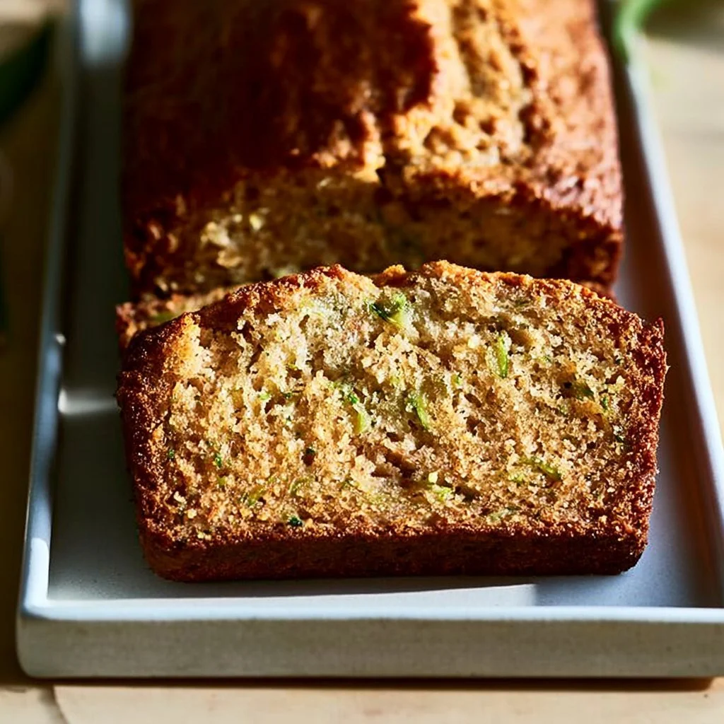 Loaf of super-moist zucchini bread with slices on a wooden cutting board
