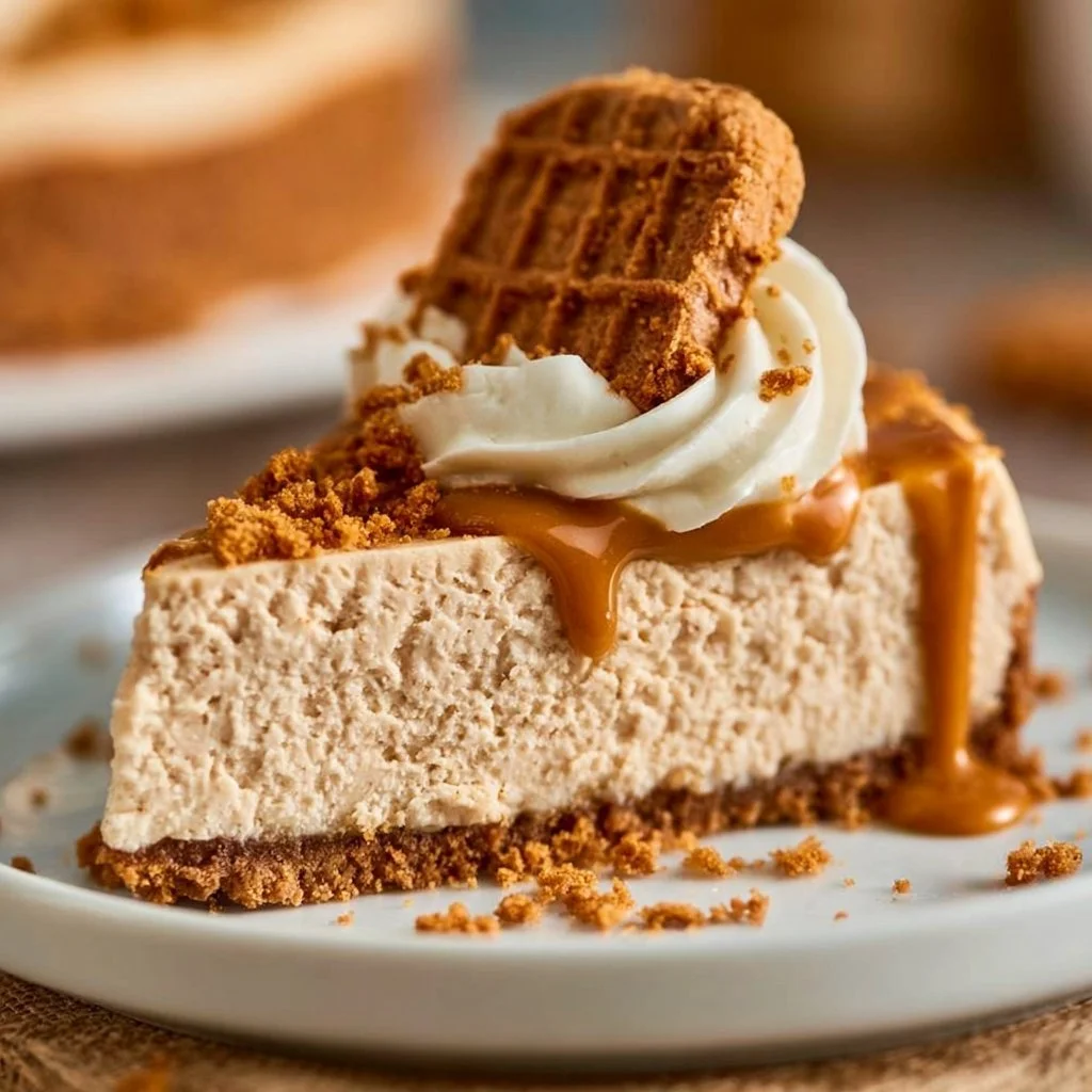 Delicious No-Bake Biscoff Cheesecake with caramel drizzle and cookie crumbs