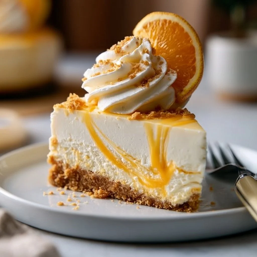 Delicious no-bake creamsicle cheesecake dessert with orange flavor and cream topping
