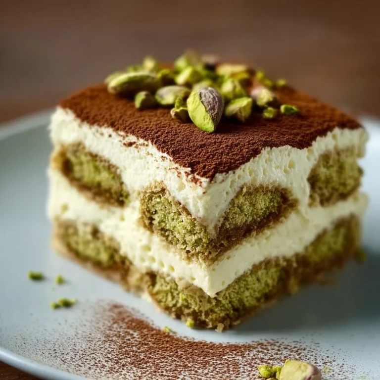 Delicious no-bake Pistachio Tiramisu dessert garnished with pistachios.