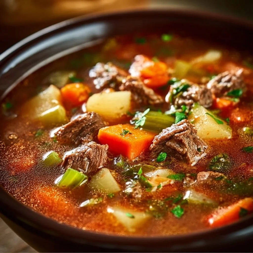 Bowl of old fashioned vegetable beef soup with fresh vegetables and beef chunks