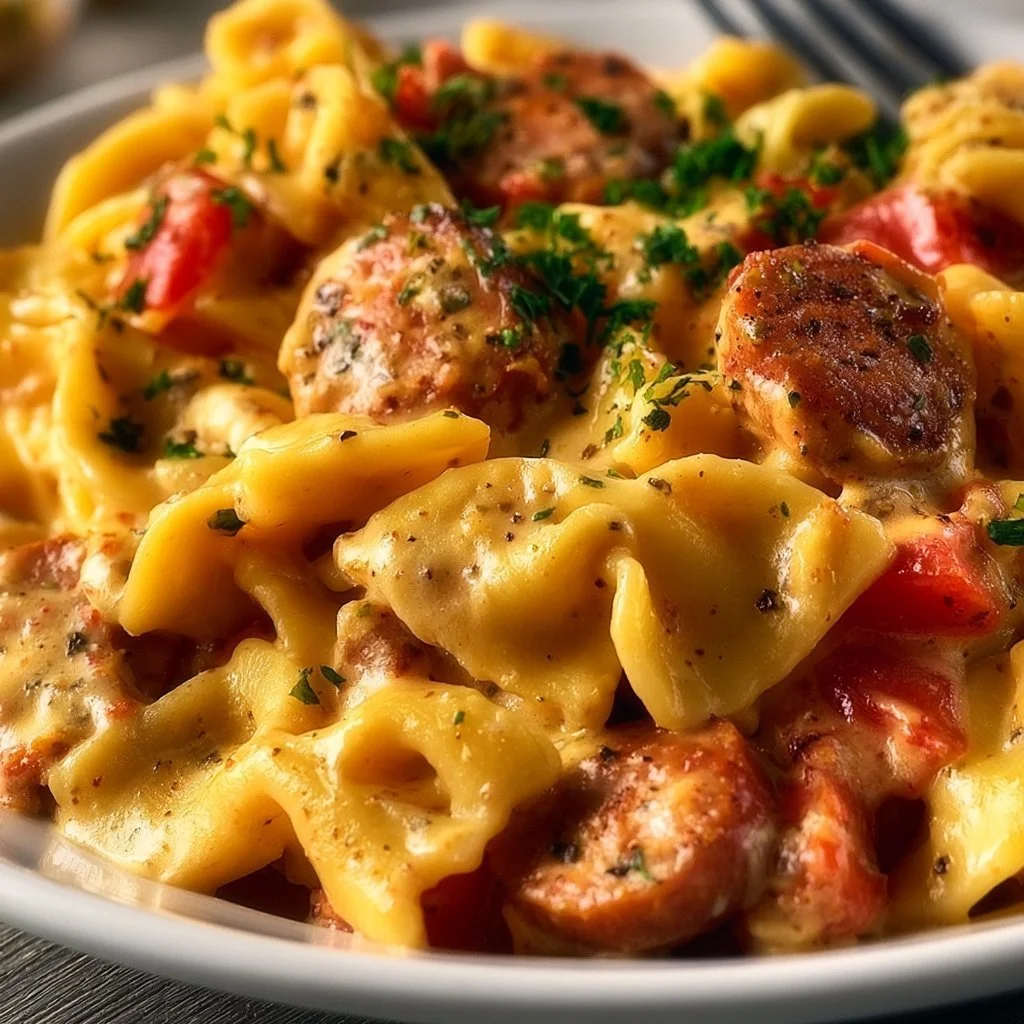 One pot creamy Cajun sausage pasta served in a bowl with herbs