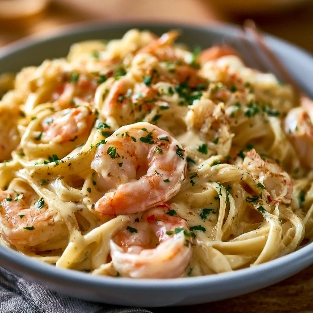Delicious One Pot Shrimp and Crab Alfredo served with fresh parsley