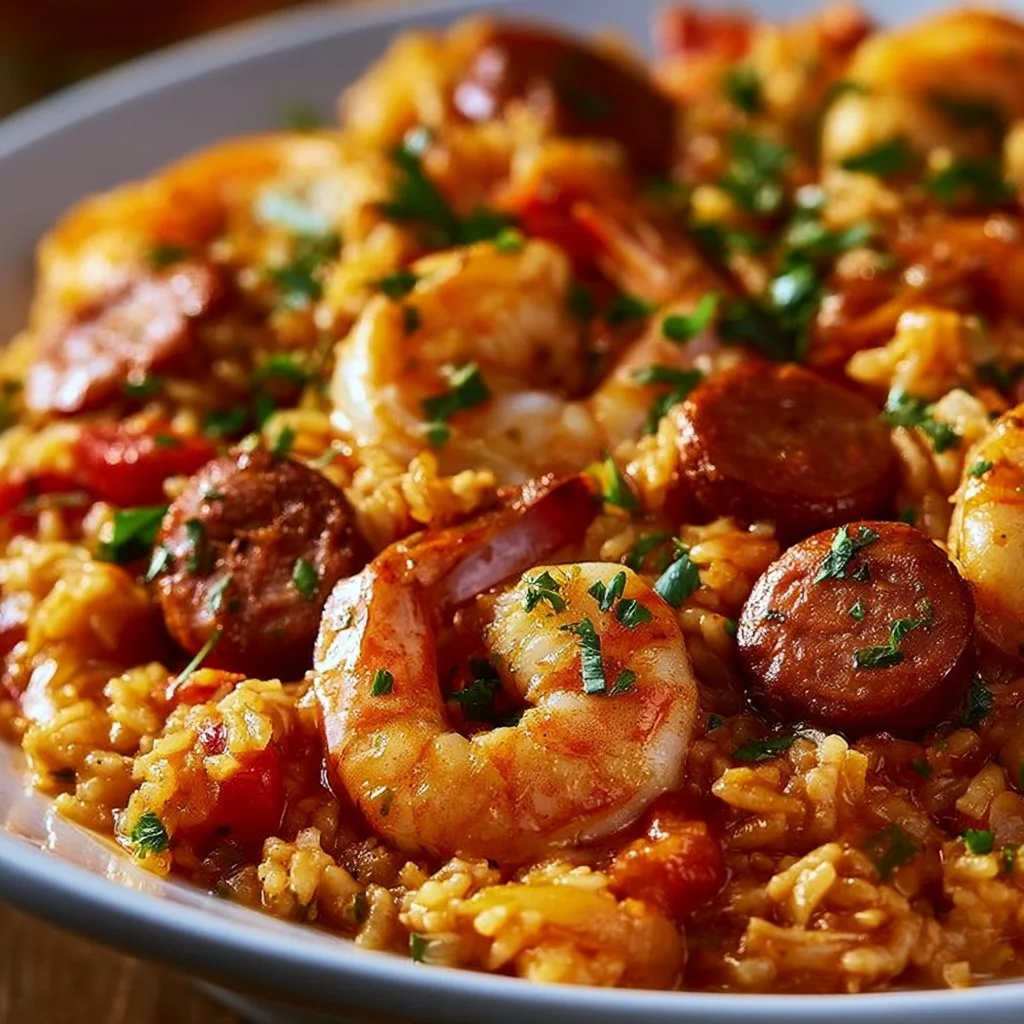 Delicious One Pot Shrimp and Sausage Jambalaya served in a bowl