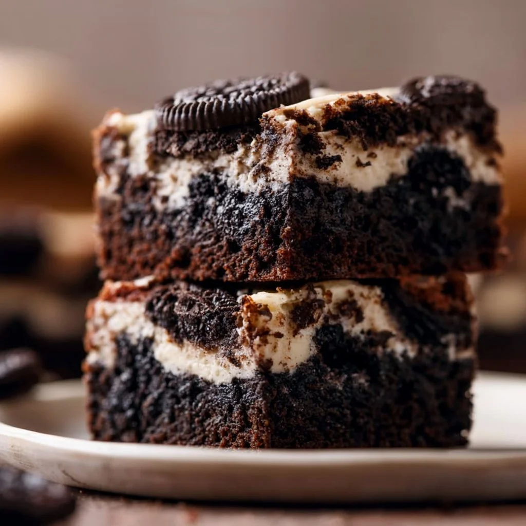 Delicious Oreo Cheesecake Brownies topped with crushed Oreos and creamy frosting