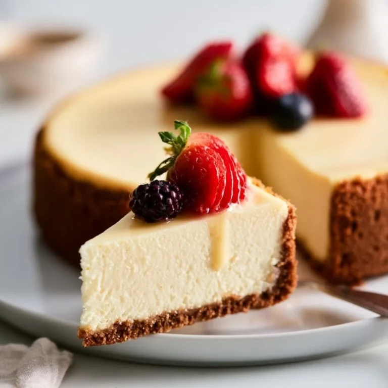 Slice of Original American Cheesecake with a cookie crust on a white plate