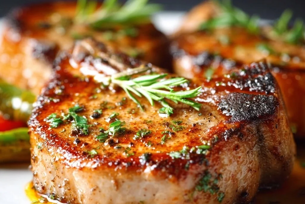 Juicy oven baked pork chops served on a plate with herbs