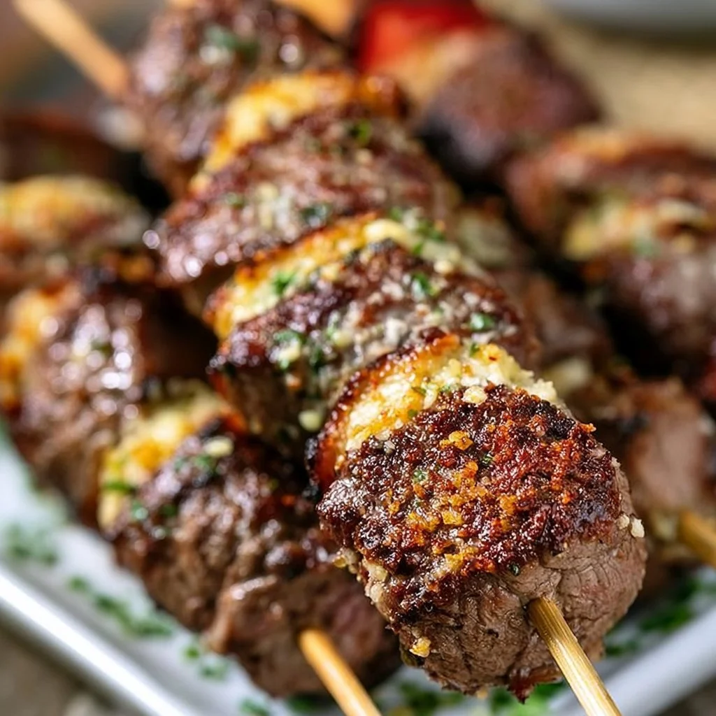 Parmesan Crusted Steak Skewers cooked with a crispy golden crust