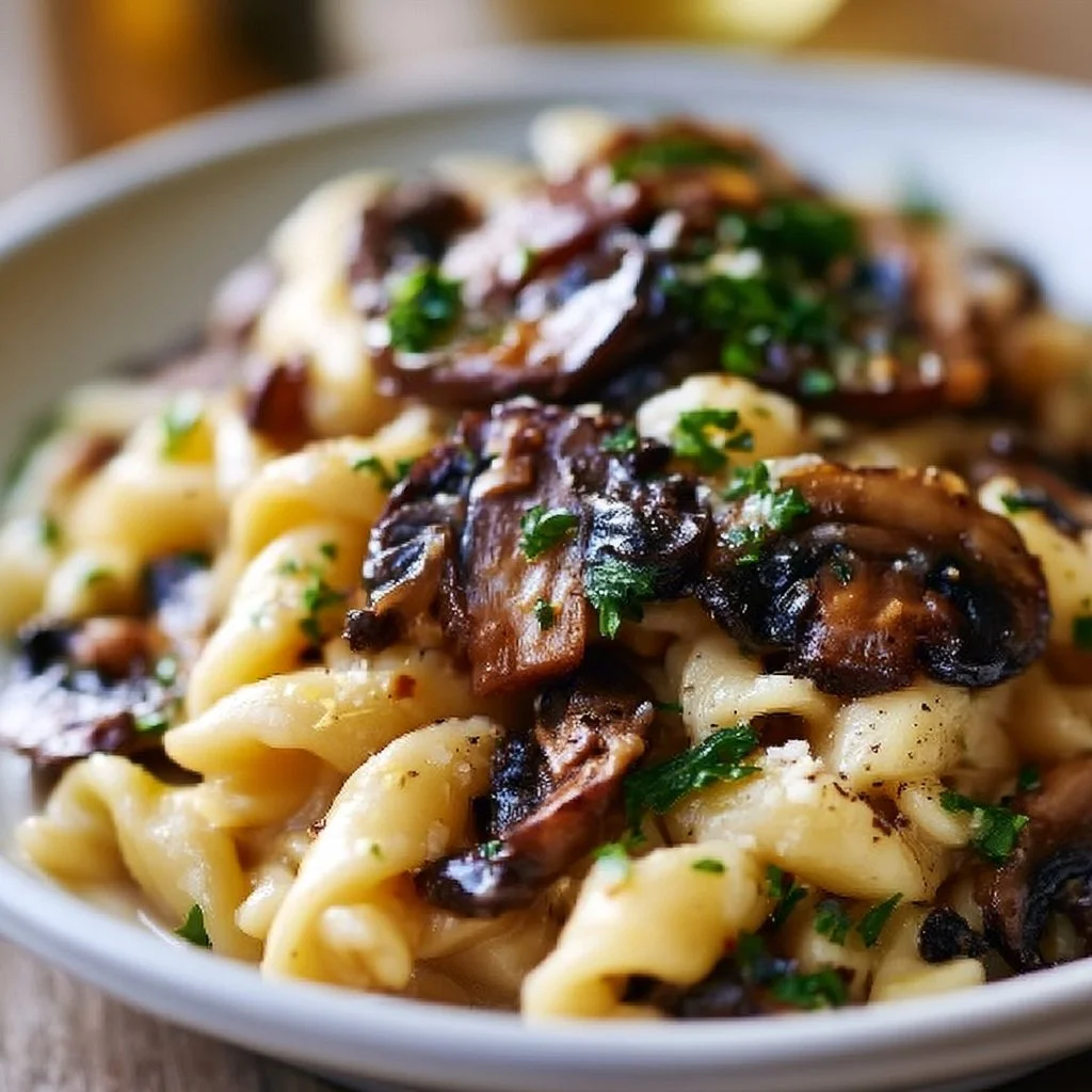 A plate of pasta with sautéed portobello mushrooms and fresh herbs.