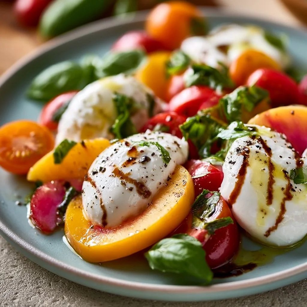 Peach Caprese Salad with Burrata featuring fresh peaches and basil