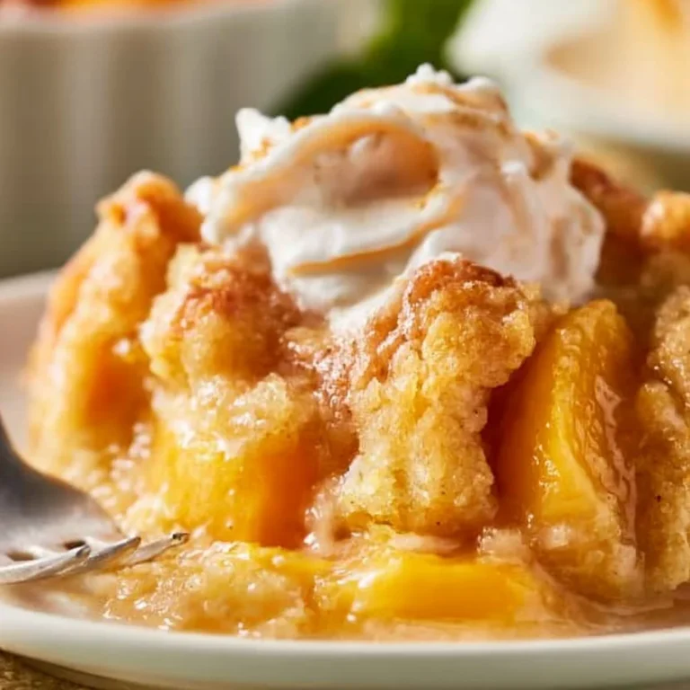 Easy peach cobbler with cake mix topped with juicy peaches and a golden crust
