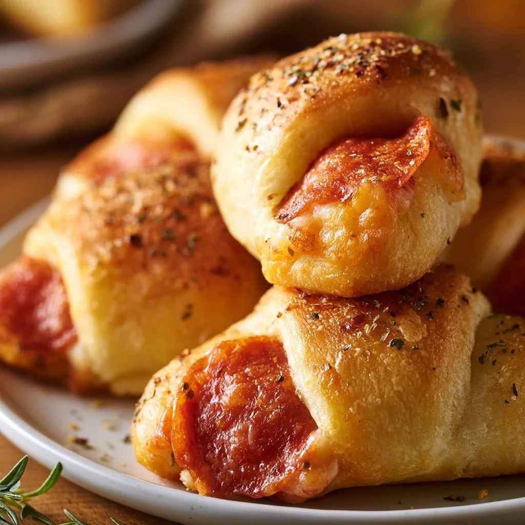 Pepperoni pizza crescent rolls baked to golden perfection on a platter.