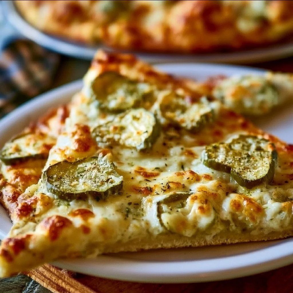 Slice of delicious pickle pizza topped with pickles and cheese