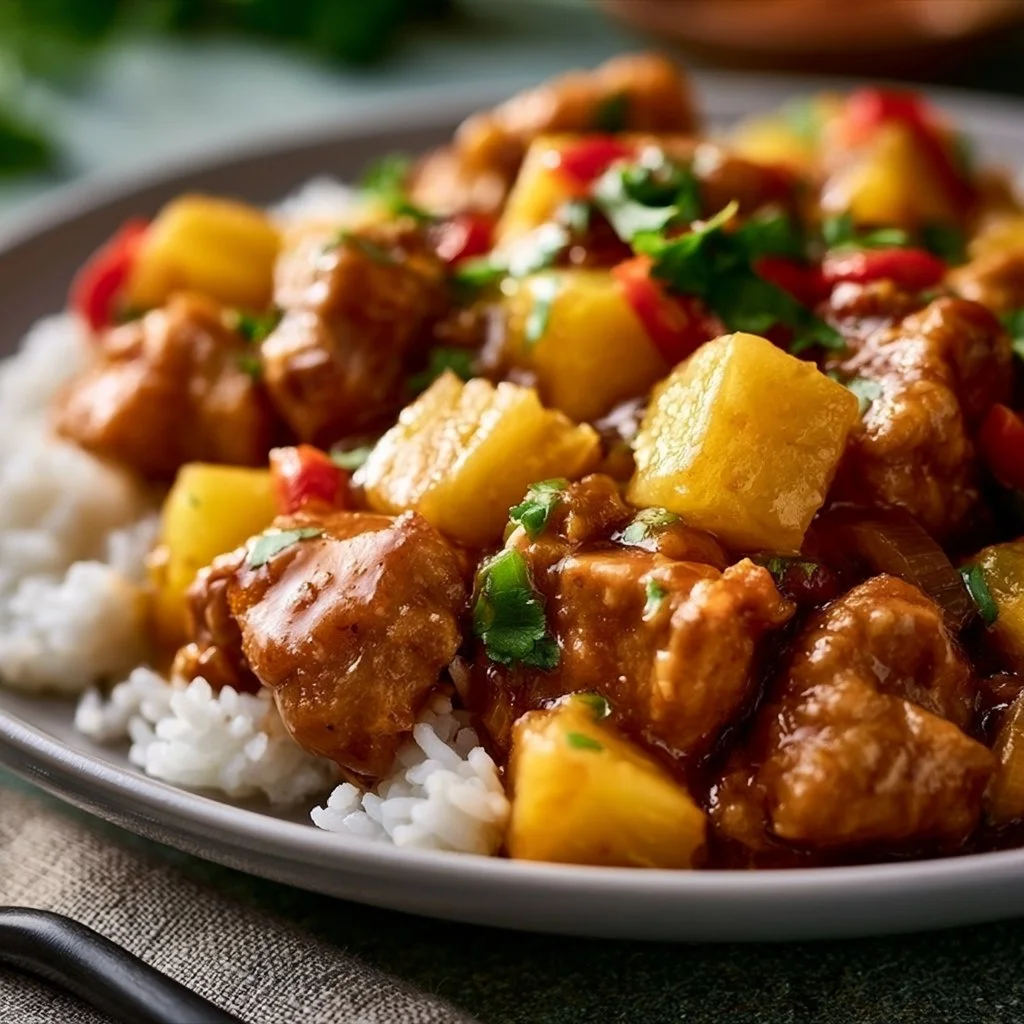 Delicious Pineapple Chicken served with vibrant vegetables and rice
