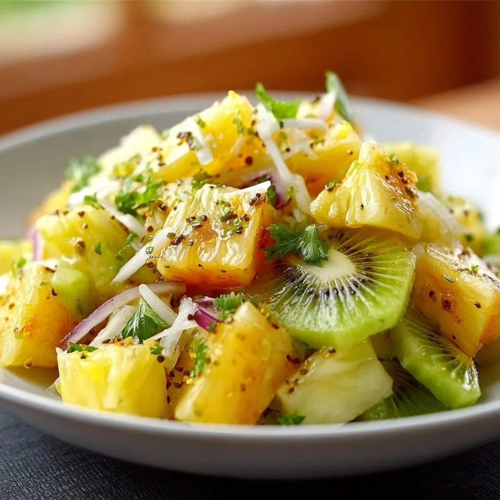 Delicious Pineapple Kiwi Salad served in a bowl with fresh fruit