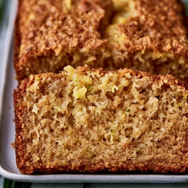 Slice of moist Pineapple Zucchini Bread with tropical fruit topping
