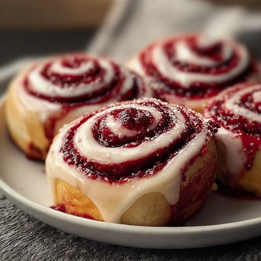 Delicious Red Velvet Cinnamon Rolls topped with cream cheese frosting