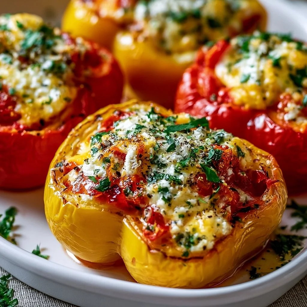 Ricotta stuffed peppers served on a plate, showcasing colorful bell peppers.