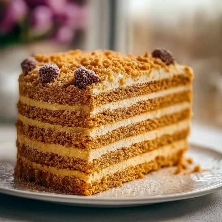 Slice of traditional Russian Honey Cake with layers of honey and cream