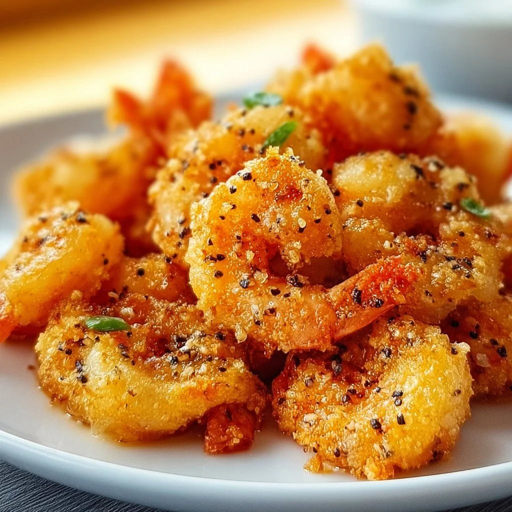 Plate of salt and pepper crispy shrimp garnished with fresh herbs
