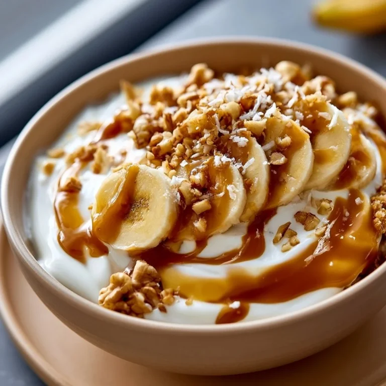 Salted Caramel Banana Yogurt Bowl topped with banana slices and drizzled caramel