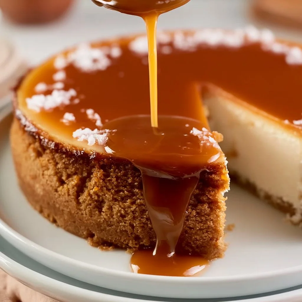 Delicious Salted Caramel Cheesecake topped with caramel drizzle and sea salt flakes