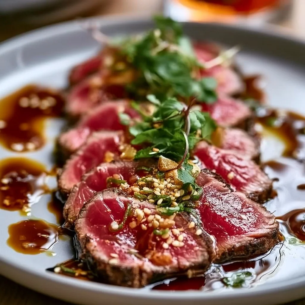 Seared Beef Tataki served with dipping sauces and garnish