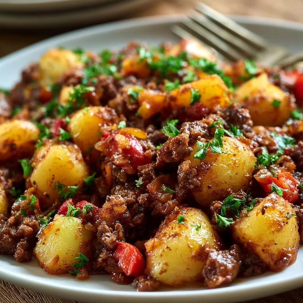 Skillet ground beef and potatoes dinner served in a warm dish