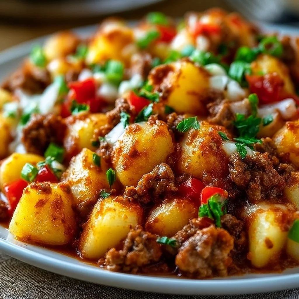 Delicious Sloppy Joe Potato Skillet topped with fresh ingredients