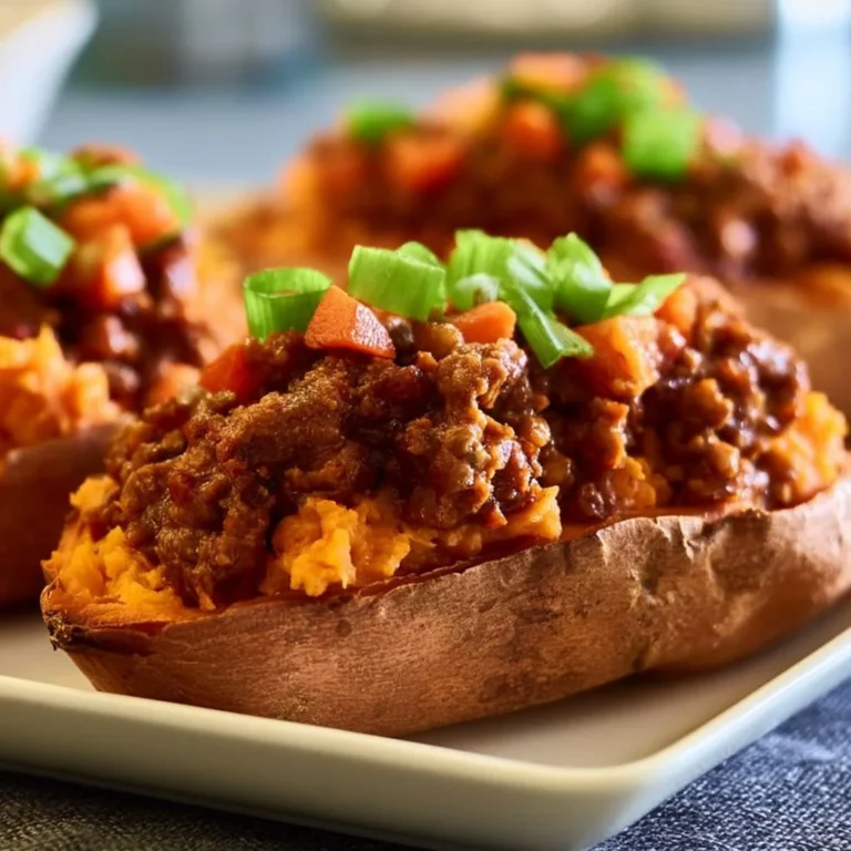 Sloppy Joe Sweet Potatoes served on a plate topped with fresh herbs