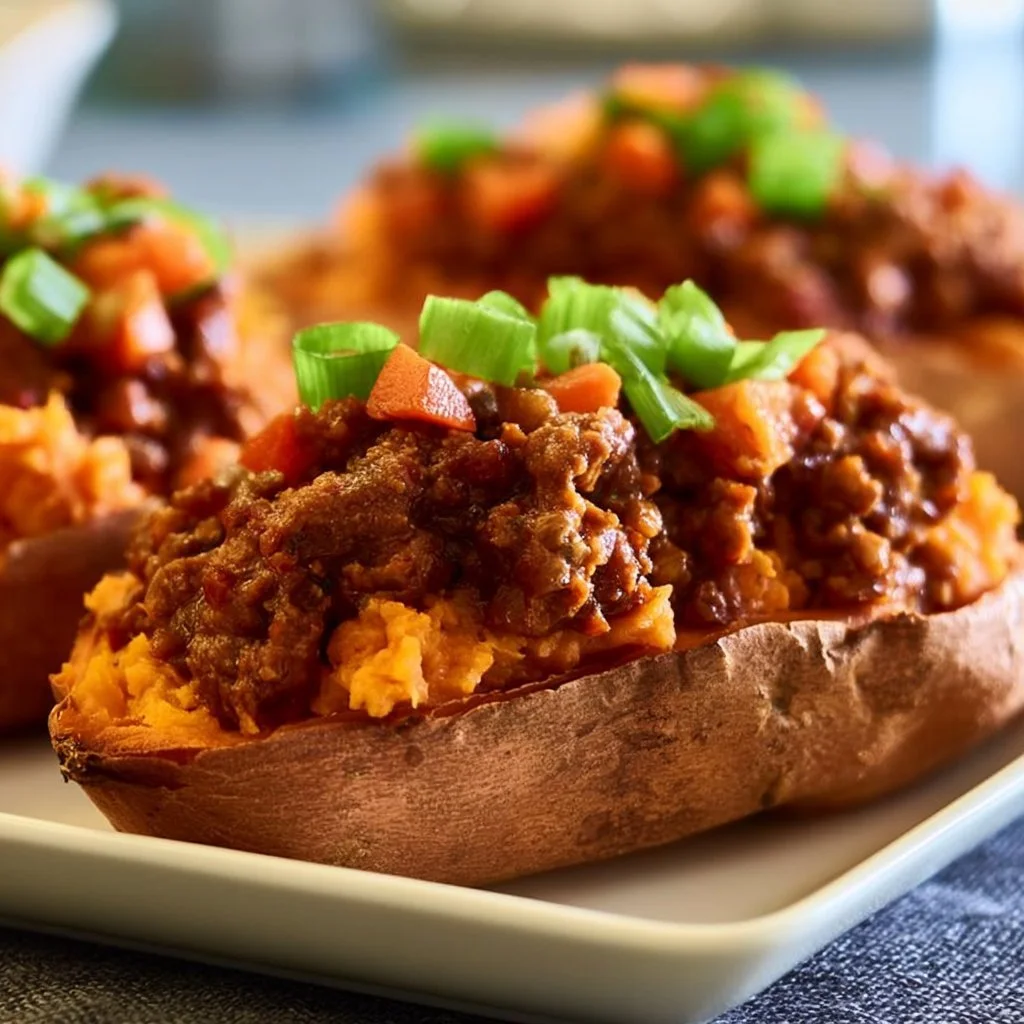 Sloppy Joe Sweet Potatoes served on a plate topped with fresh herbs