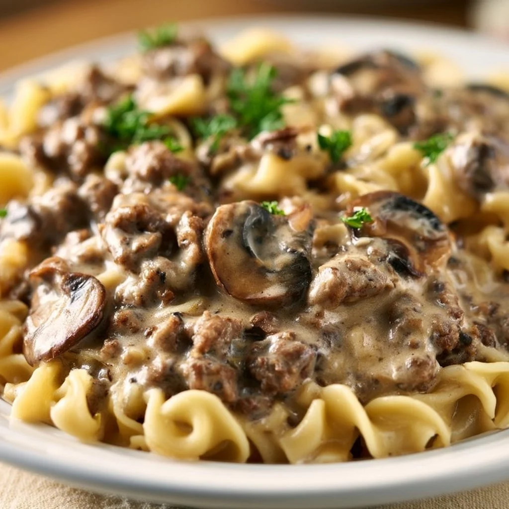 Slow Cooker Hamburger Stroganoff made with 5 ingredients
