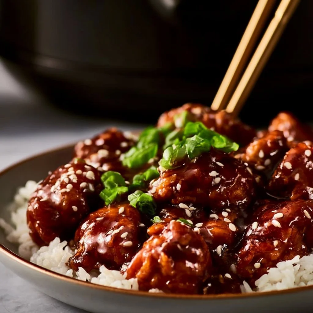 Delicious slow cooker General Tso's Chicken served with rice and vegetables