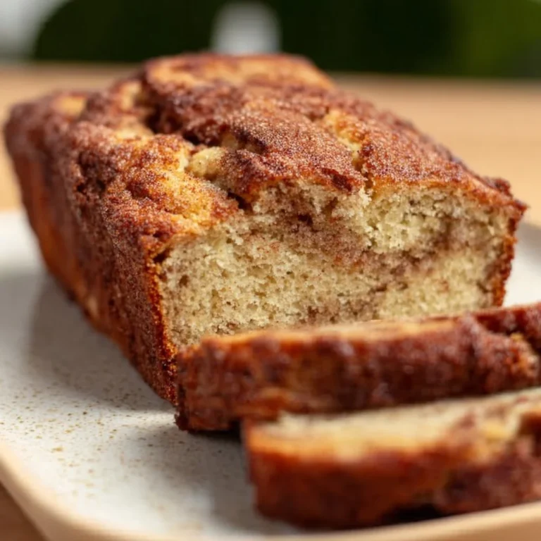 A slice of Snickerdoodle Banana Bread topped with cinnamon sugar and walnuts.