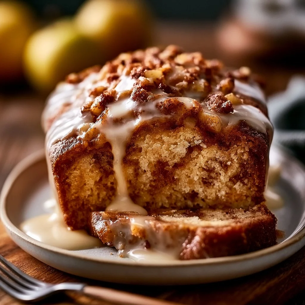 Delicious slice of spiced apple fritter bread with warm spices and apple chunks