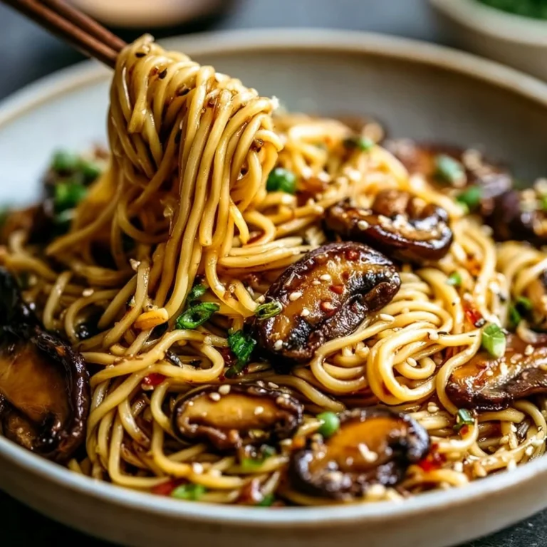 Delicious spicy garlic shiitake noodles garnished with fresh herbs and chili flakes.