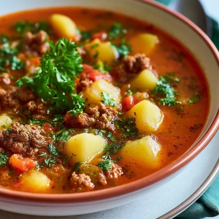 Bowl of spicy Mexican potato soup with ground beef and fresh toppings