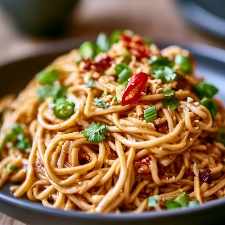 A bowl of spicy peanut butter noodles garnished with vegetables and herbs