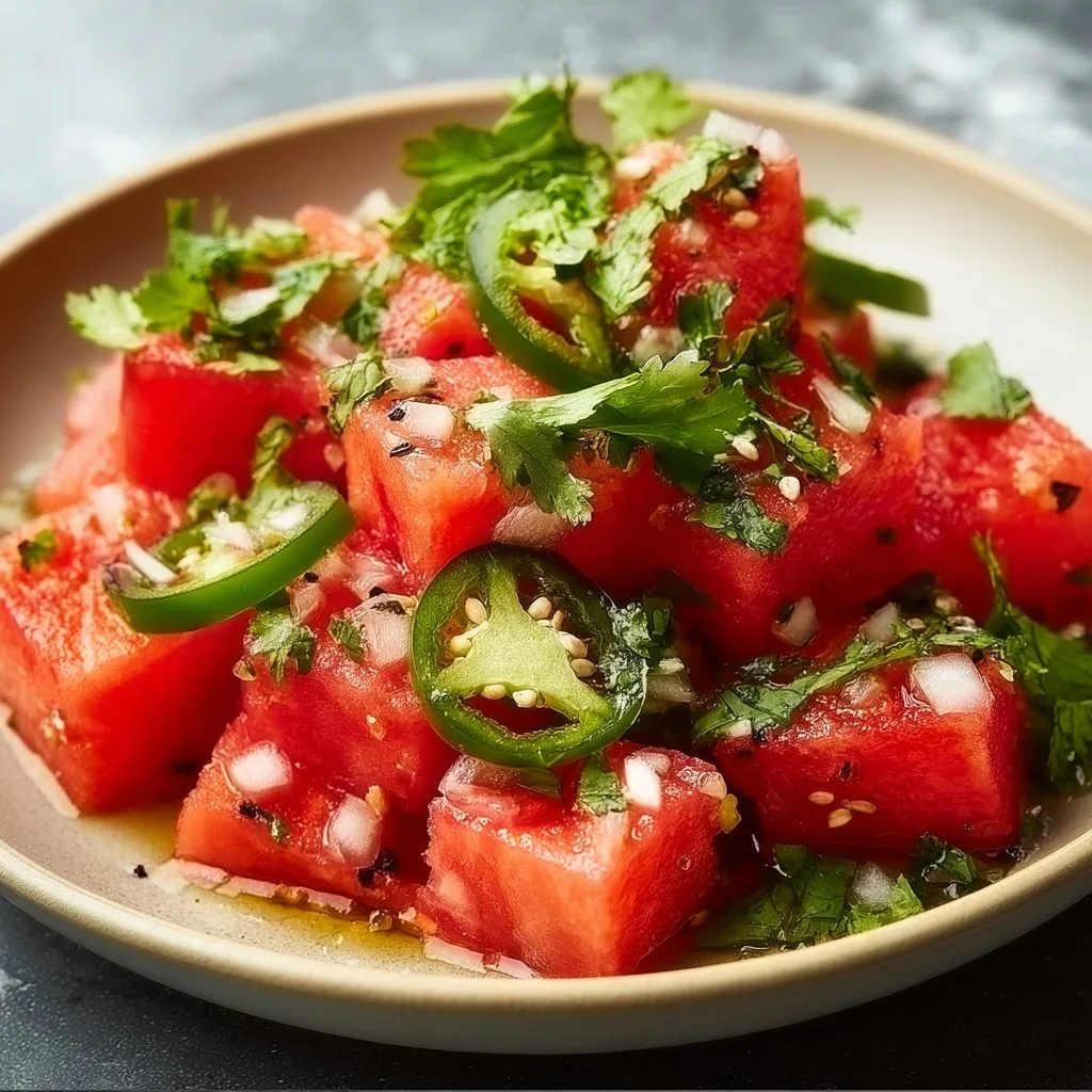 Spicy watermelon salad with vibrant colors and fresh ingredients
