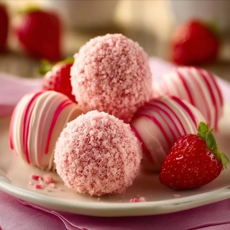 Delicious strawberry cake balls topped with colorful sprinkles and fresh strawberries