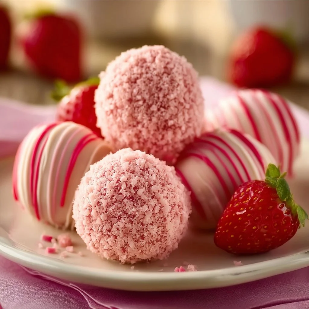 Delicious strawberry cake balls topped with colorful sprinkles and fresh strawberries