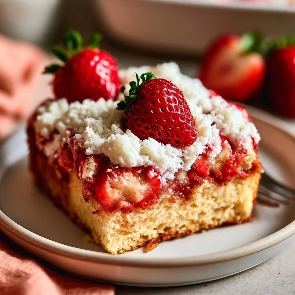 Delicious strawberry cheesecake dump cake topped with fresh strawberries