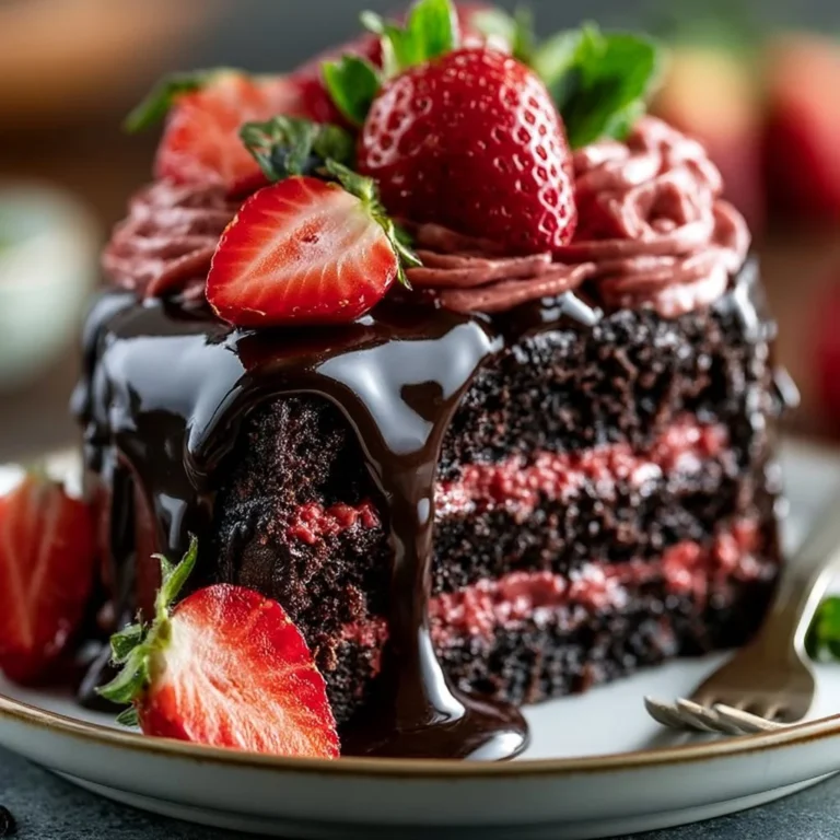 Delicious strawberry chocolate cake with fresh strawberries and chocolate frosting