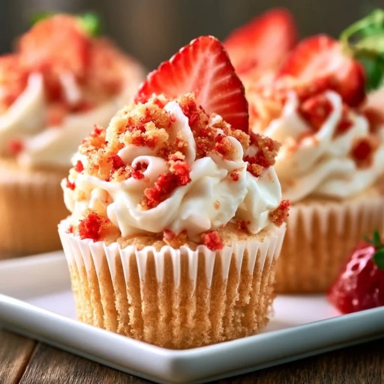 Delicious strawberry crunch cupcakes topped with strawberry crumble and frosting.