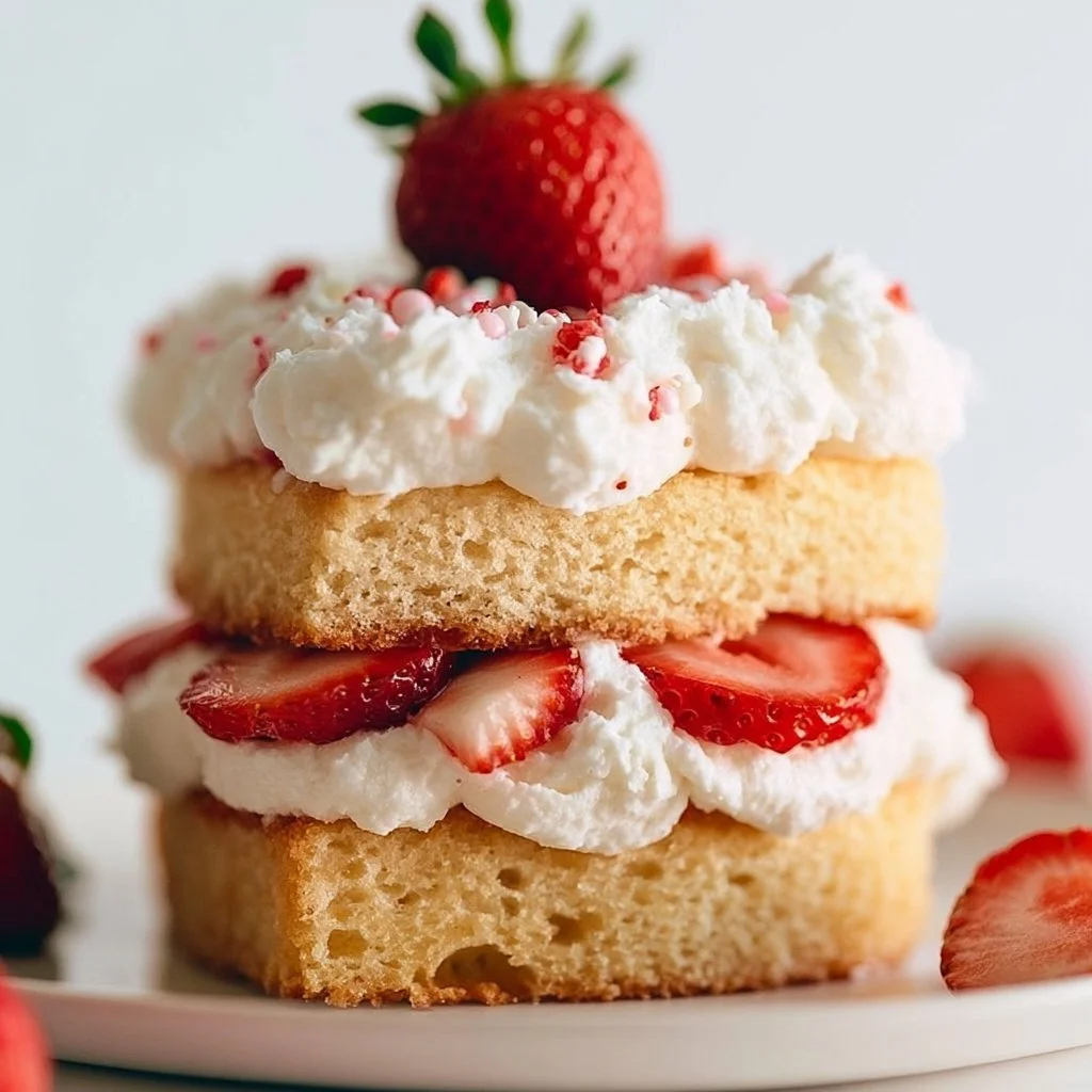 Delicious strawberry shortcake dessert with fresh strawberries and whipped cream