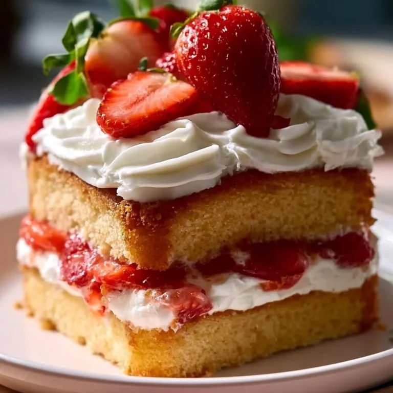 Delicious Strawberry Shortcake Cake with fresh strawberries and whipped cream