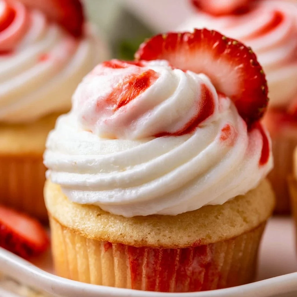 Delicious strawberry shortcake cupcakes topped with fresh strawberries and cream