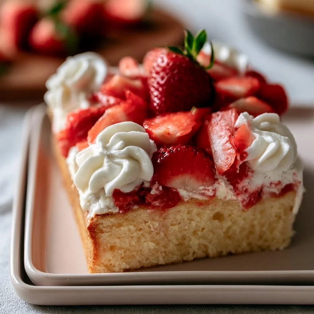 Delicious Strawberry Shortcake Sheet Cake topped with fresh strawberries and whipped cream